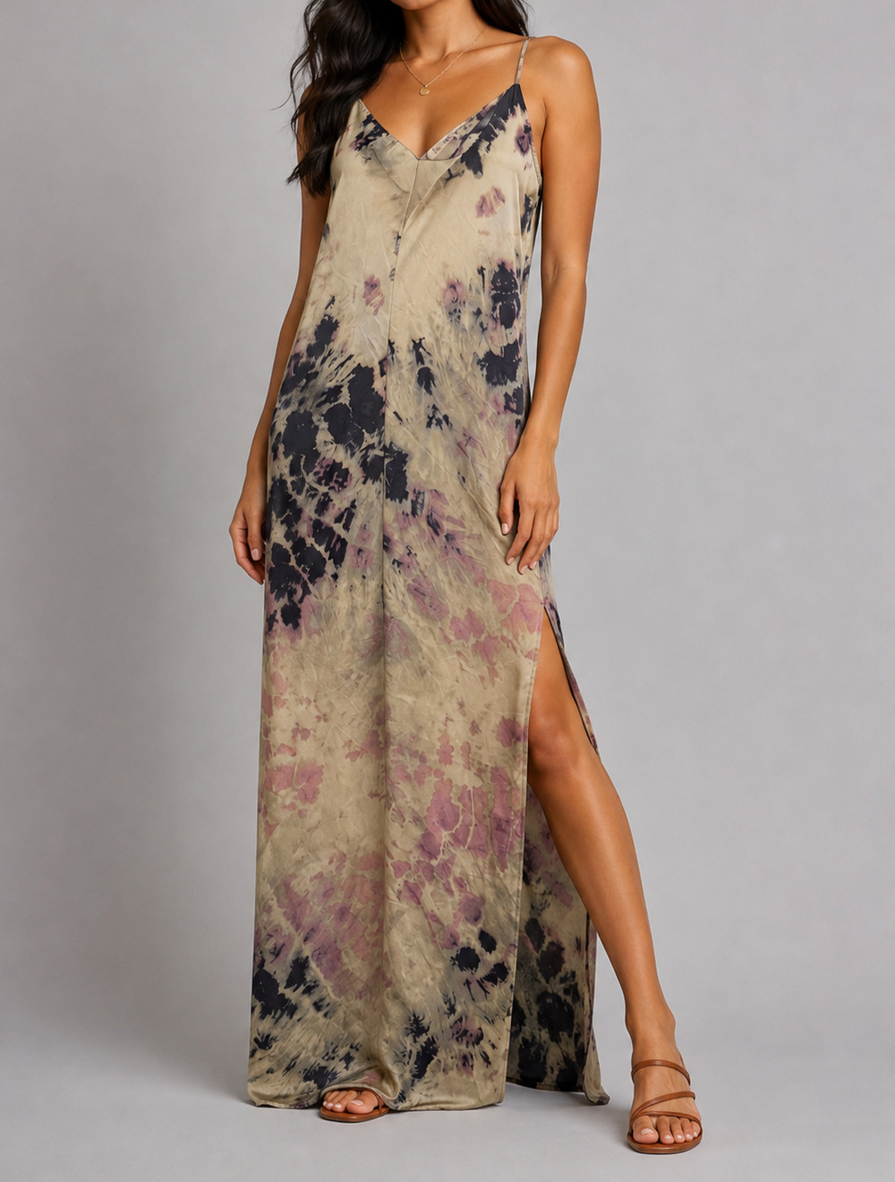 Rachel Roy Maxi Slip Dress Womens 2XL Beige Tie Dye V Neck Strappy Side Slit